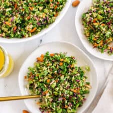 My FAVORITE Detox Salad that is healthy and loaded with fresh veggies like brussels sprouts, broccoli, kale and cabbage all drizzled with a lemony ginger dressing!  This salad makes a ton to last you all week!