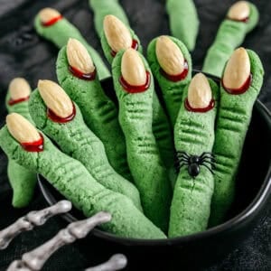Gluten-free Spooky Witch Finger Cookies made healthier with almond flour and zero oil or refined sugar that make the perfect addition to your Halloween party! Tasty almond flavored cookies that are simple and fun to make!
