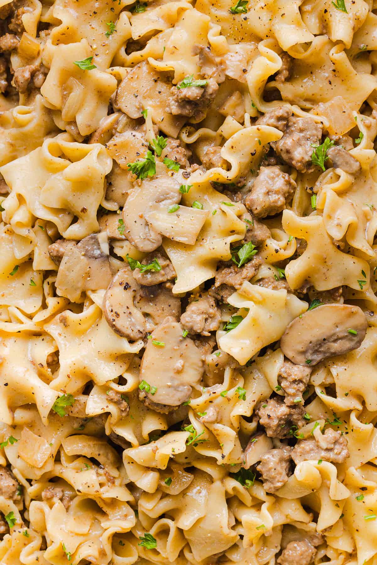 This Healthy Ground Beef Stroganoff Casserole is the ultimate family-friendly comfort food! The perfect cozy weeknight meal made with egg noodles and smothered in the most delicious creamy mushroom sauce in just 30 minutes!