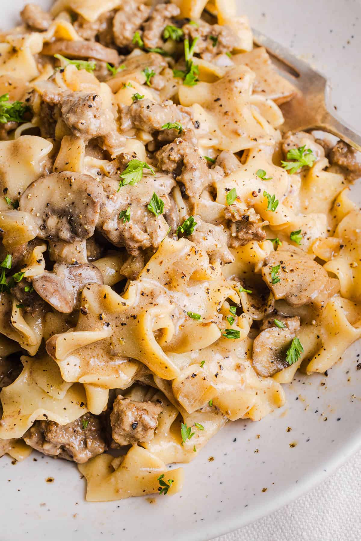 This Healthy Ground Beef Stroganoff Casserole is the ultimate family-friendly comfort food! The perfect cozy weeknight meal made with egg noodles and smothered in the most delicious creamy mushroom sauce in just 30 minutes!