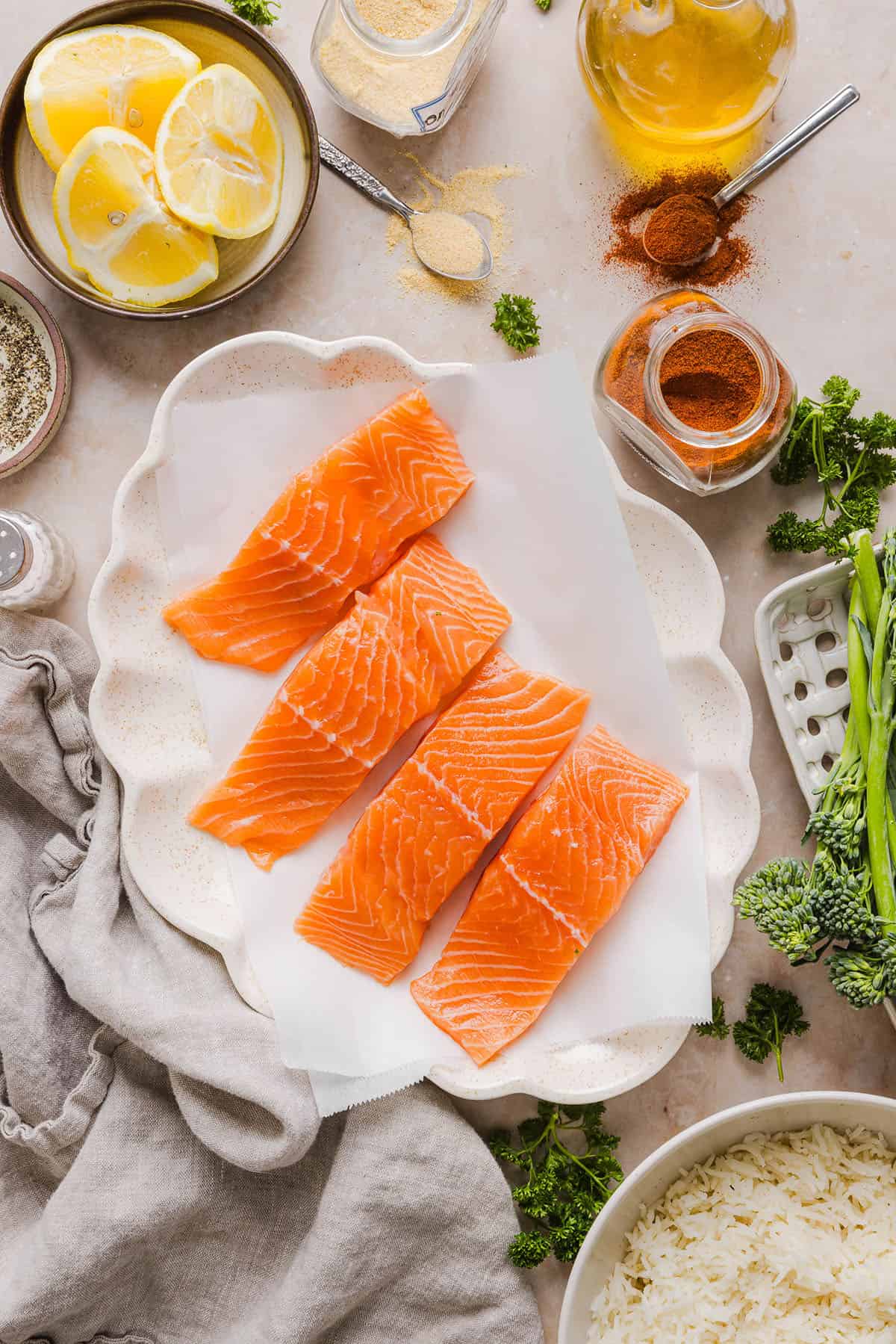 Easy Air Fryer Salmon that turns out perfectly flaky every time in under 10 minutes! Seasoned with a blend of spices for a delicious, healthy meal great for busy weeknights or when you need to meal prep.